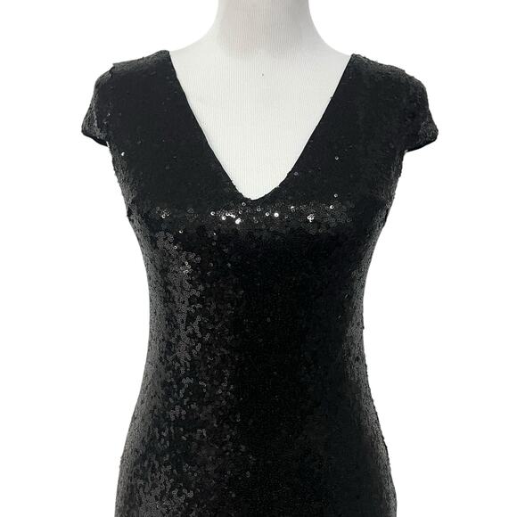 Verty Sequin Dress Black Mini Bodycon V-Neck Stretchy Party Evening Womens Small - Picture 2 of 9